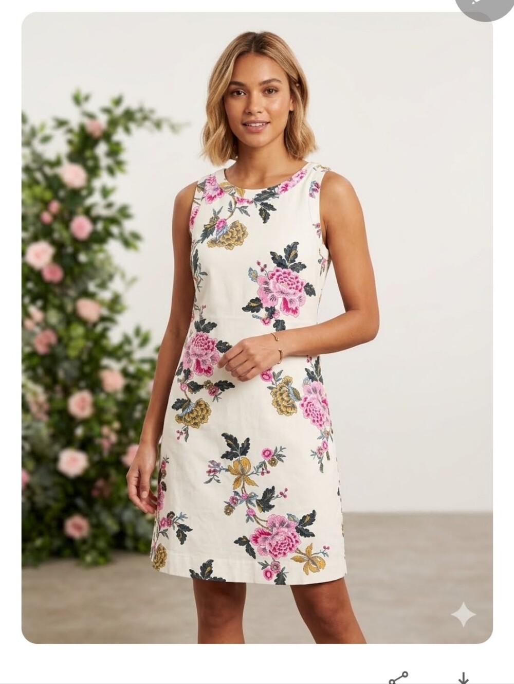 Joules Cream Sleeveless Floral Shift Dress with Pink and Gold Blooms